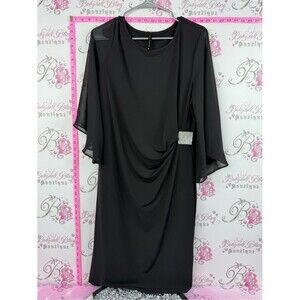 LORI M dress crystal Black Midi Draped Dress with Rhinestone Buckle